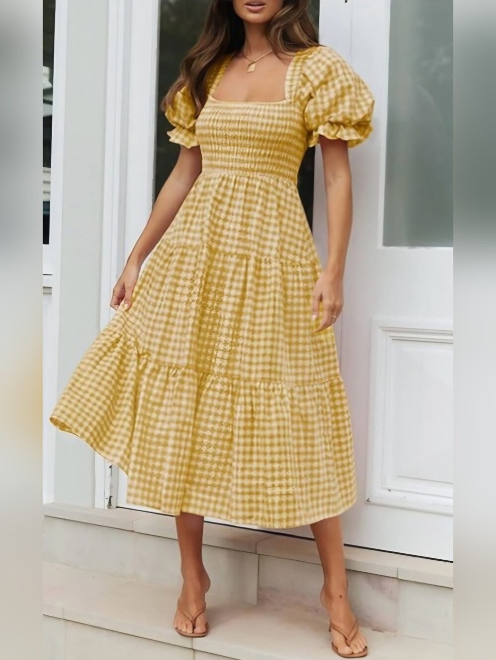 ZESICA Yellow Gingham Smocked Midi Dress Puff Sleeve Tiered Cottagecore Small